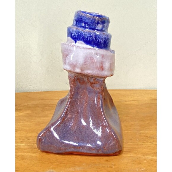 Vintage 5.5" Abstract Hand-Painted Redware Studio Art Pottery Pinched Vase - Picture 4 of 11